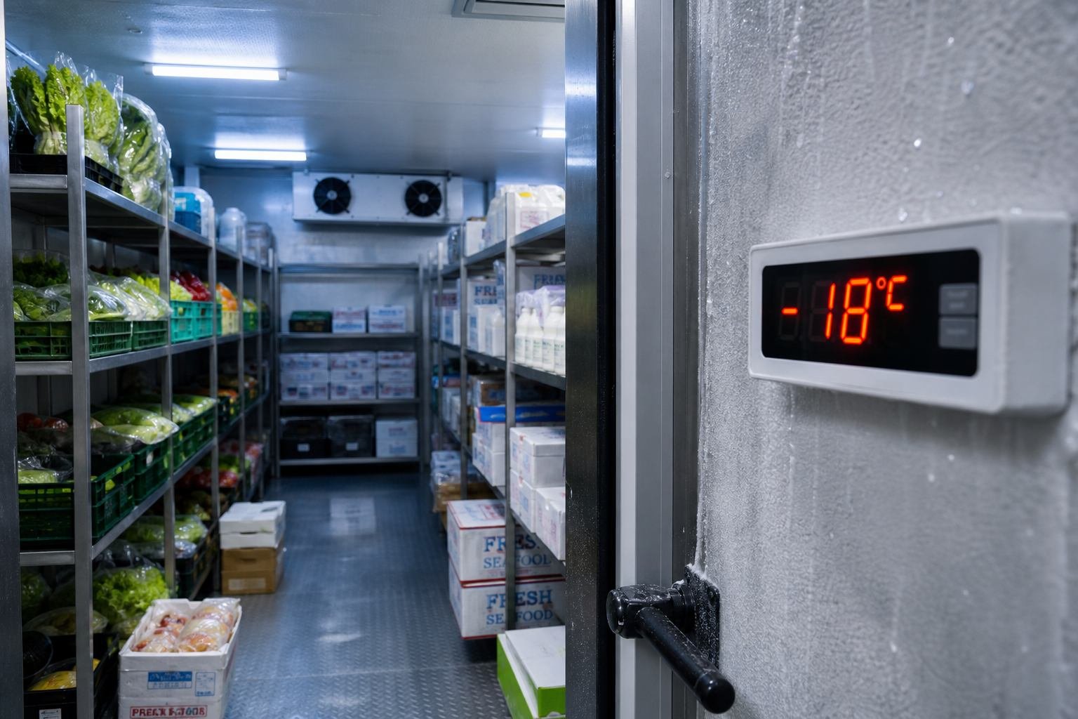 Cámara de frío comercial con productos en estanterías y visualizador de temperatura a -18°C