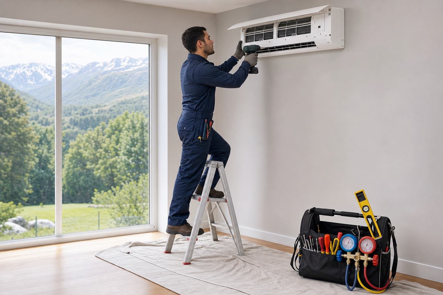 Técnico certificado instalando una unidad interior de aire acondicionado en una casa moderna del sur de Chile